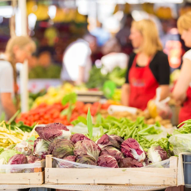 Farmers' market stall with variety of organic vegetable.