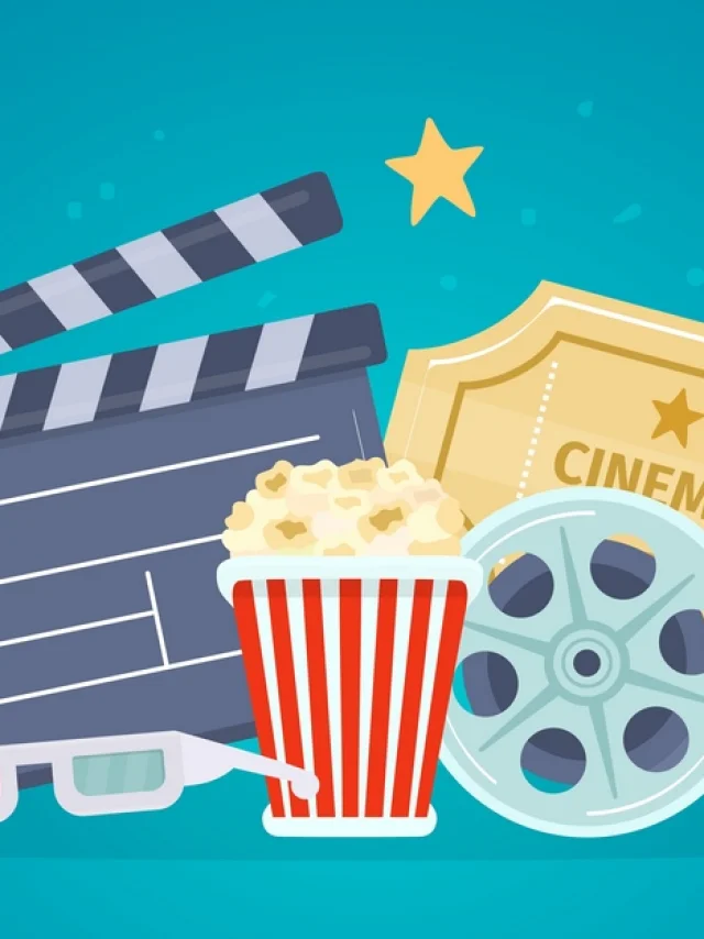 Movie poster with film reel, clapboard, popcorn and tickets. Banner for watch movies with 3d glasses. Cartoon cinema theatre vector concept. Film premiere or festival invitation for entertainment